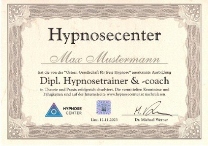 Urkunde Hypnosetrainer und -coach - Hypnose online lernen