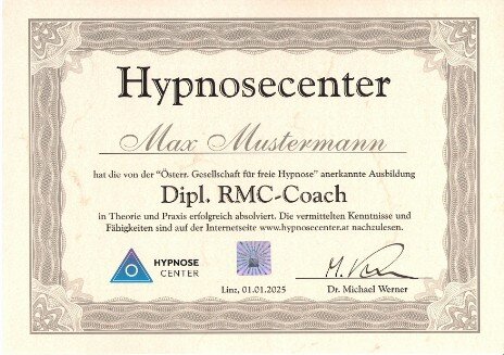 Urkunde Hypnosetrainer und -coach Urkunde Hypnosetrainer und -coach